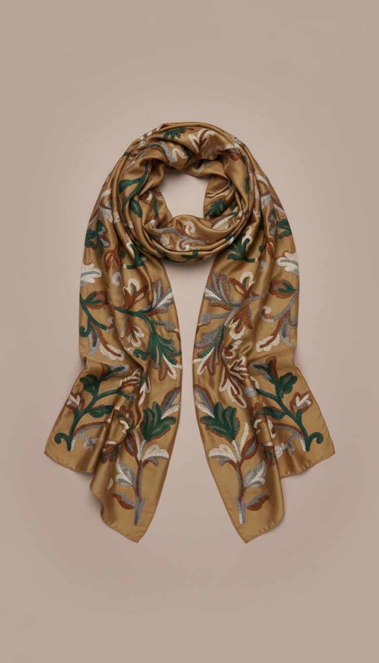Matte Gold Silk Scarf with Embroidery