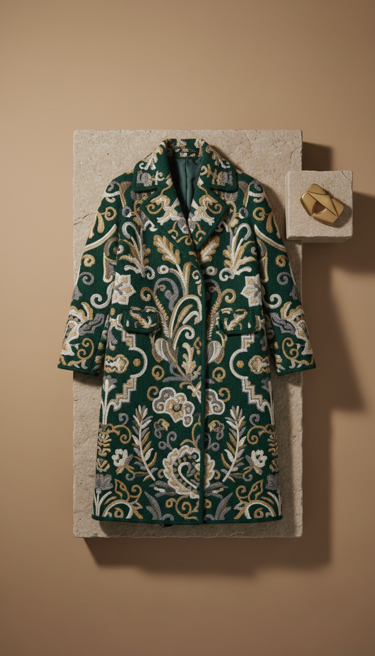 Embroidered Wool Overcoat with Silk Lining